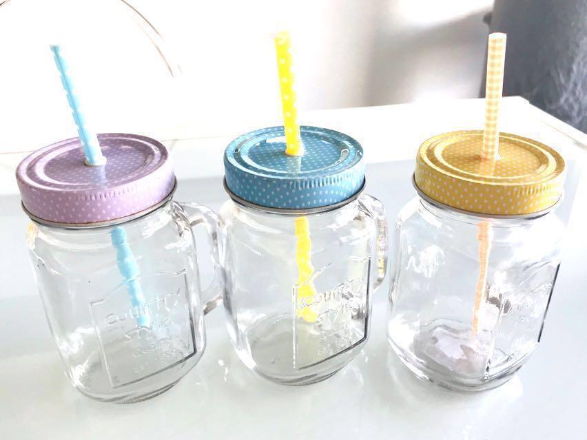 Eco Friendly 3 Large Mason Jar Mugs With Metal Screw On Tops And Durable Reusable Straws Home Appliances Kitchenware On Carousell