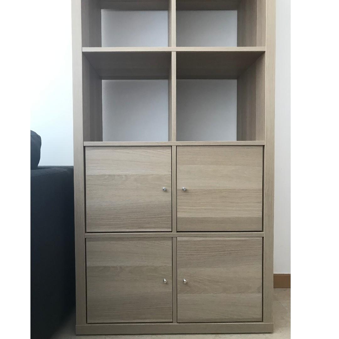 KALLAX Shelving unit with doors, white stained oak effect, Furniture, Shelves & Drawers on Carousell