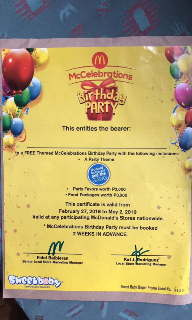 Mcdo Birthday Party Package, Tickets & Vouchers, Store Credits on Carousell