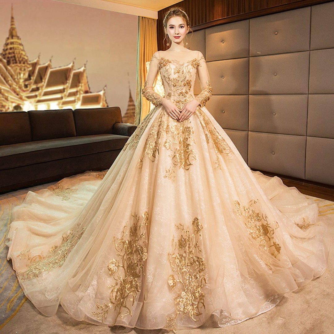 pre order Gold white glitter long sleeve fishtail wedding bridal dress gown RBMWD0258