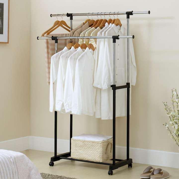 AdjustGarment Rack Heavy Duty Clothes Hanger (Category: Clothes Drying Rack) located in Manila. Submitted by MCstore (Listing ID 172541267, Image 1). Description: Adjustable Rolling Garment Rack Heavy Duty Clothes Hanger Portable Rail Rack ✔️Front and Back Bar Adjustability Range: 39-65inches in height ✔️Overall depth from the front to back of base legs: 41.5cm / 16.3\" ✔️Materials: Stainless Steel and Plastic ✔️Width Adjustability Range: 35-55in