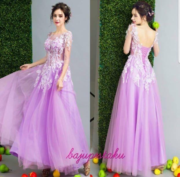 Long Dress Korea Fashion Party Elegant Premium Material Mewah Ungu