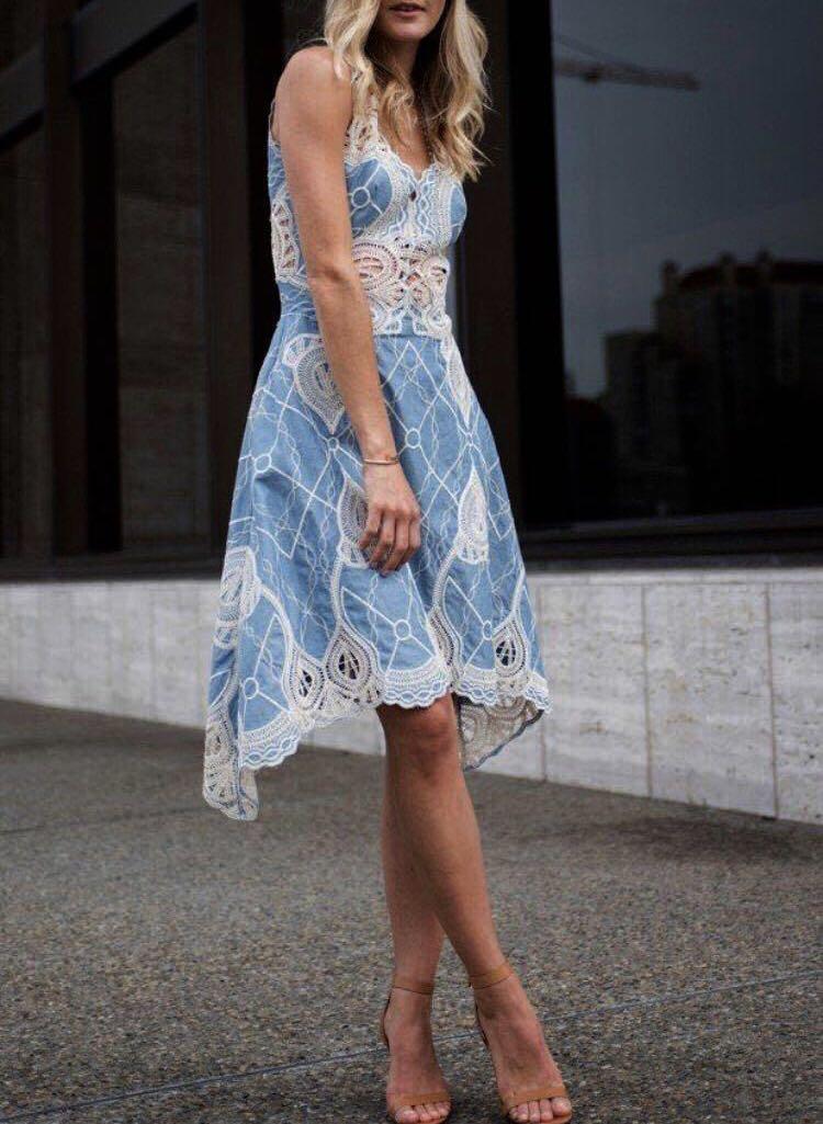 Jonathan Simkhai denim crochet embroidered dress cut label