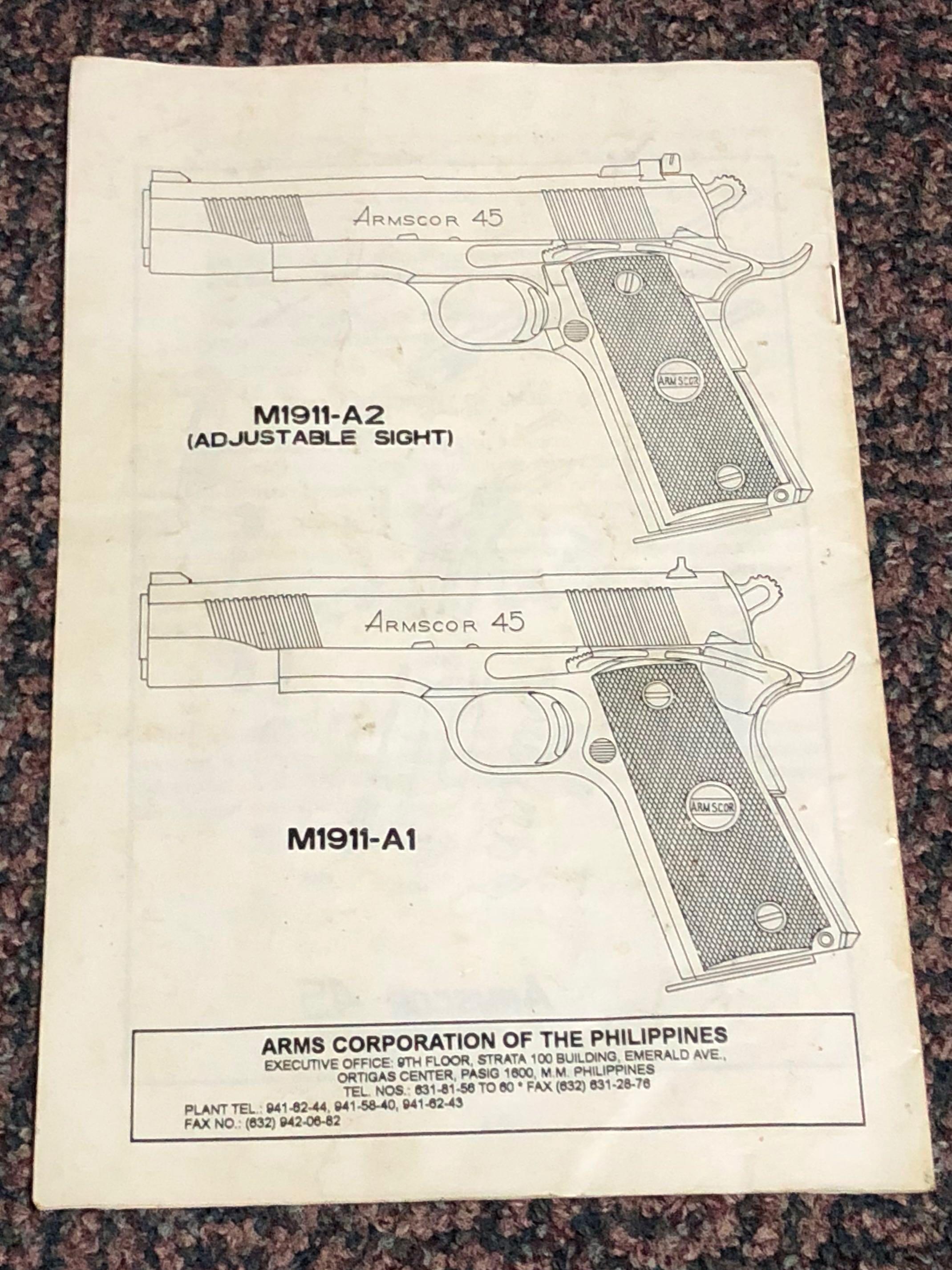 Armscor 1911 a1 a2 users manual (Category: Textbooks) located in Paranaque City. Submitted by jorgeramos878 (Listing ID 220774207, Image 3). Description: Photo copy only For pickup paranaque or shipping nationwide Plus shipping fees.