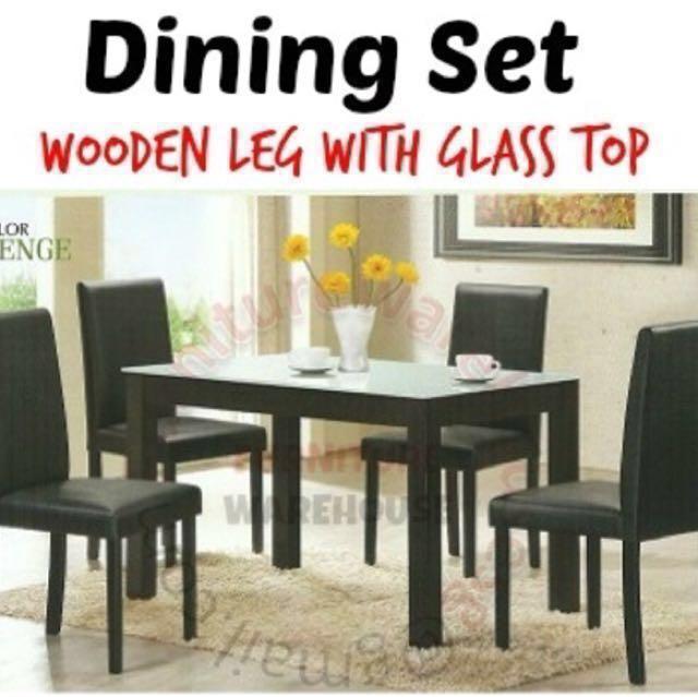 Glass Top Wooden Leg Table W 4 Chairs Furniture Tables Chairs On Carousell