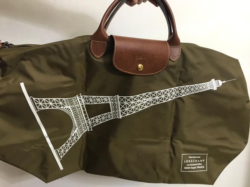 Longchamp Beige Effiel Tower Paris le pliage Top Handle Medium Travel Bag  New