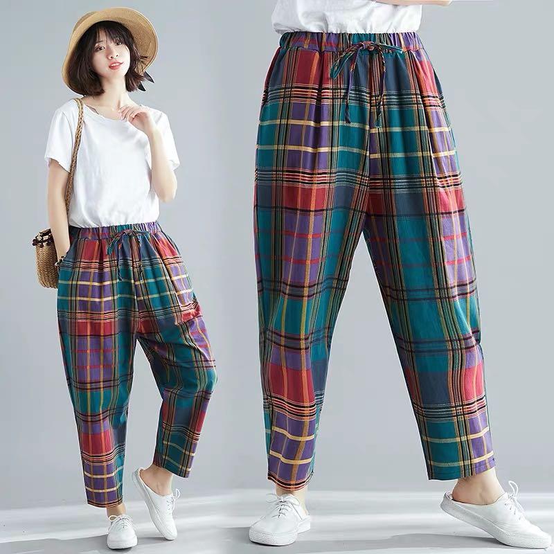 Plus Size Color Grid Cotton Harem Pants Women Casual Loose Tie Big