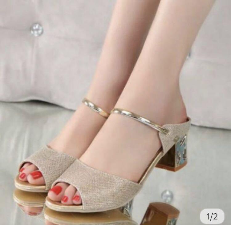 gold strap block heels