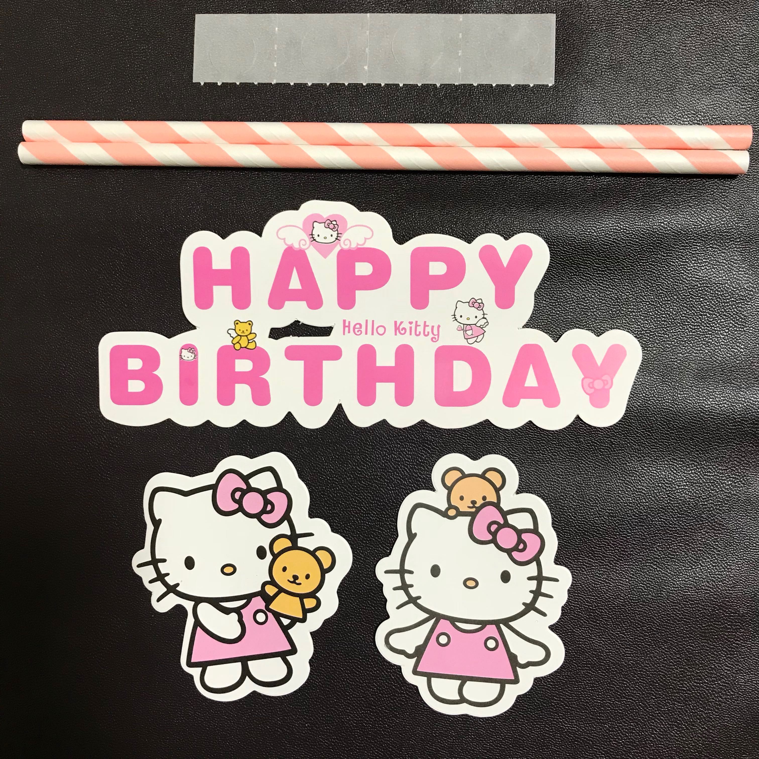 Hello Kitty Happy Birthday Cake Topper In Light Pink Stick Design Craft Handmade Craft On Carousell