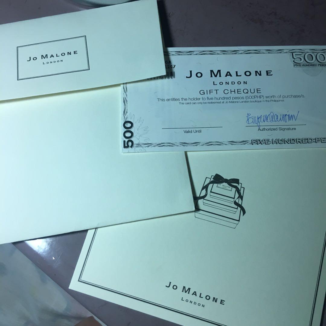 Jo Malone P500 Gift Cheque (Category: Store Credits) located in Quezon City. Submitted by bingbnb (Listing ID 220929514, Image 1). Description: P500 worth of gift certificate from Jo Malone Selling it only for P400 Free shipping.
