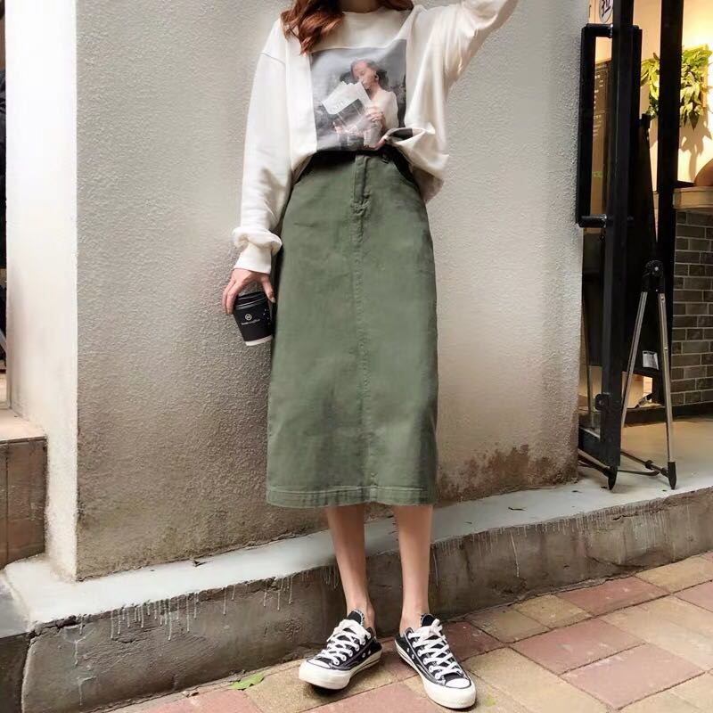olive green denim skirt