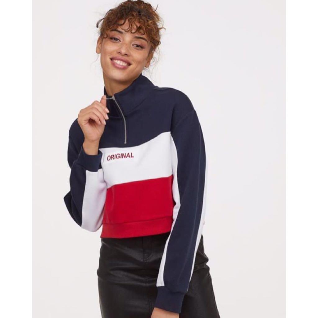 H M STAND UP COLLAR SWEATSHIRT DARK BLUE BLOCK COLOURED Fesyen