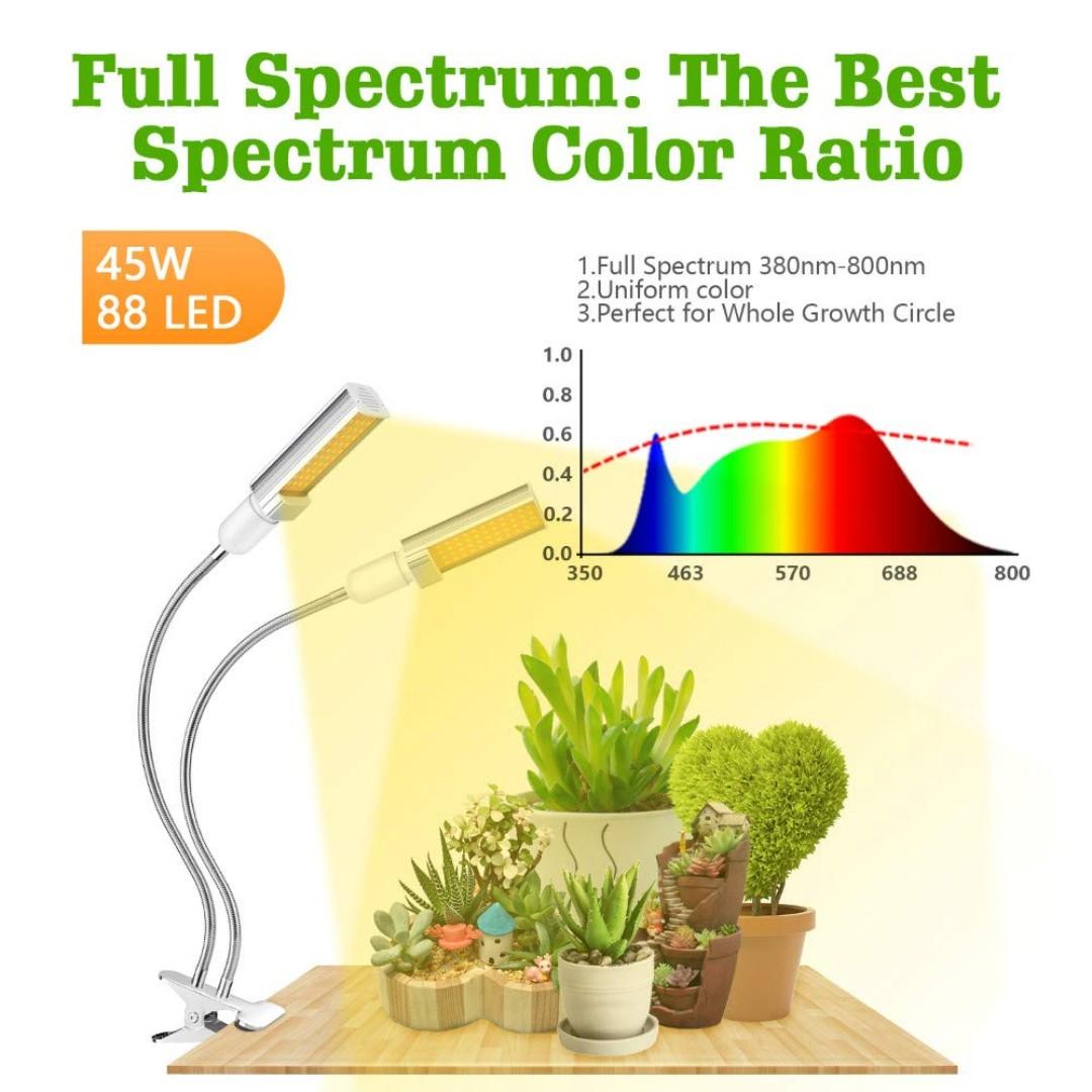 LED grow light for indoor plant 45W full spectrum, Double Flexible ...