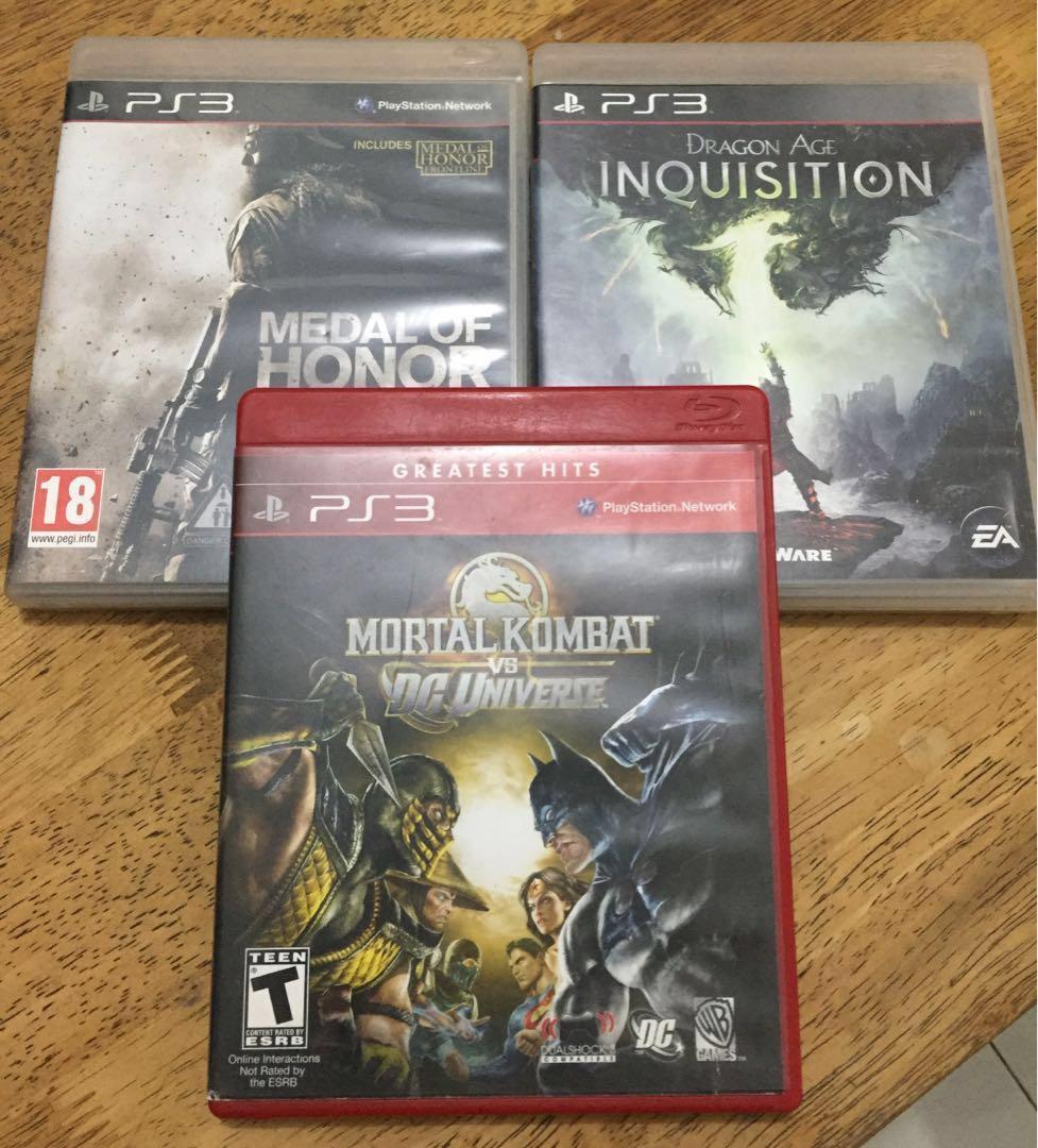 PS3 Games (Category: PlayStation) located in Manila. Submitted by jaevien.co (Listing ID 207697850, Image 1). Description: Medal of Honor Dragon Age Inquisition Mortal Kombat VS DC Universe P300 each only! P800 only as bundled! Meet up at Robinsons Galleria or Circuit Makati.