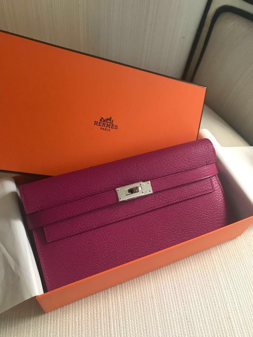 NEW100% AUTH. HERMES KELLY CLASSIC WALLET LONG ROSE POURPRE/ EPSOM  PALLADIUM