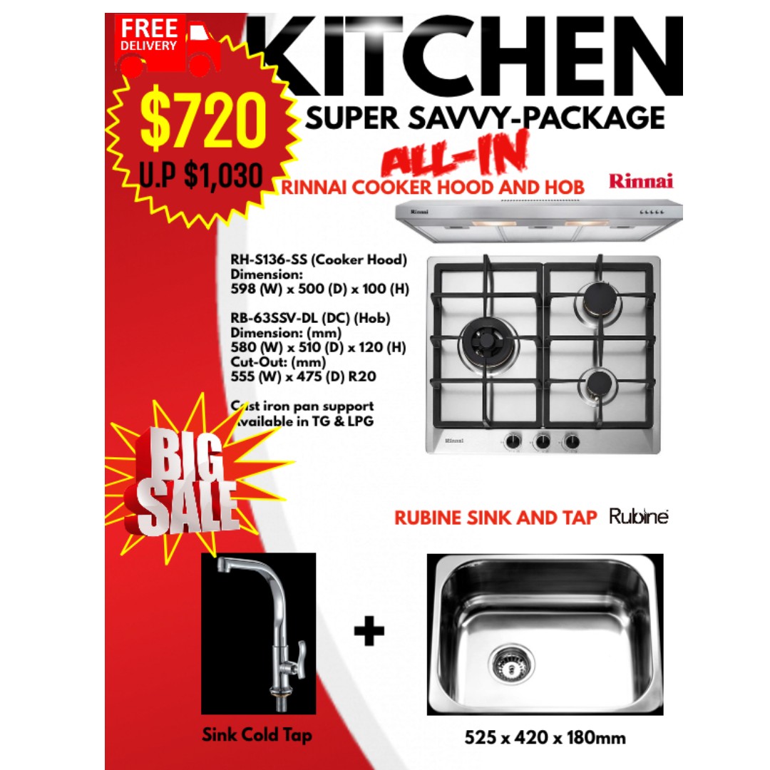 Super Savvy Kitchen Package Rinnai Cooker Hood And Hob 60cm Rubine Stainless Steel Sink And Tap Home Appliances Kitchenware On Carousell
