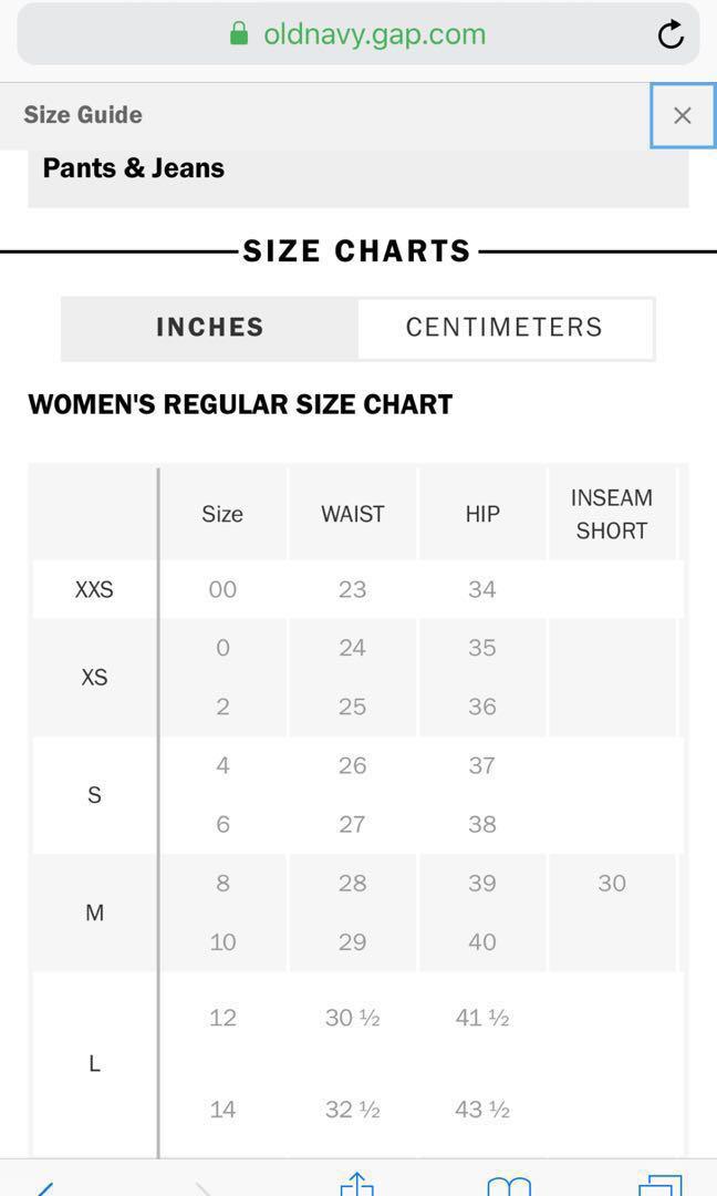 old navy women's jean size chart