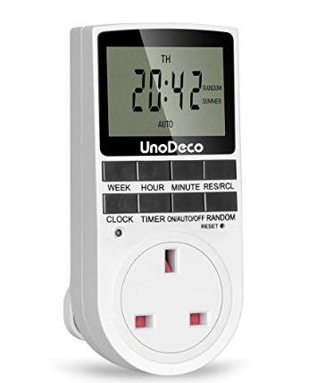 Energy Saving,Unodeco U001 Programmable Timer Plug with LCD Display UK Plug Digital Timer Socket with Random and Summer Time 24/7 days 