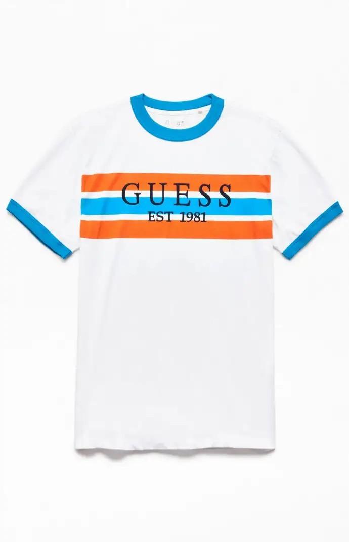 orange and blue guess shirt