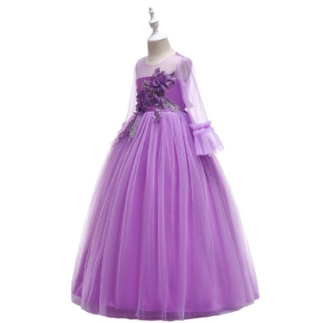 Long Sleeves Girls Embroidered Princess Flower Girl Dress Lavender 5-15 ...