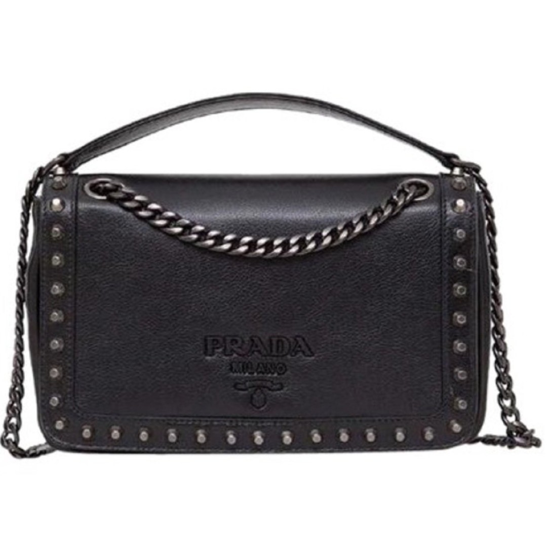 Prada Pattina Glace Calf Leather Nero Black Pattina Studded Bag, Luxury ...