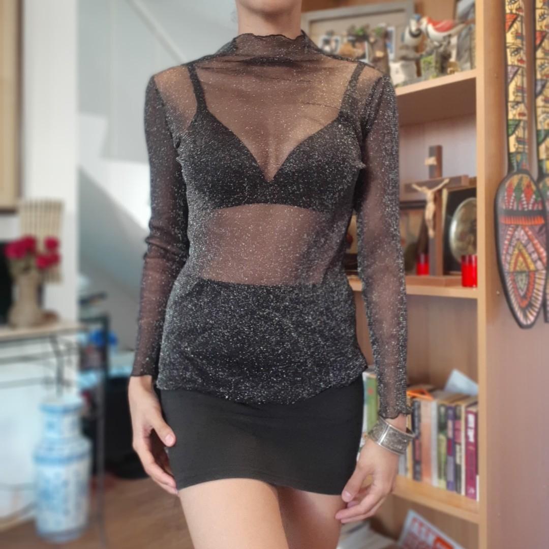 black glitter mesh top