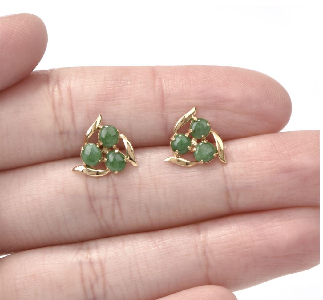 Vintage Green Jade 10K Yellow Gold Stud Earrings with Push Backs for Pierced Ears