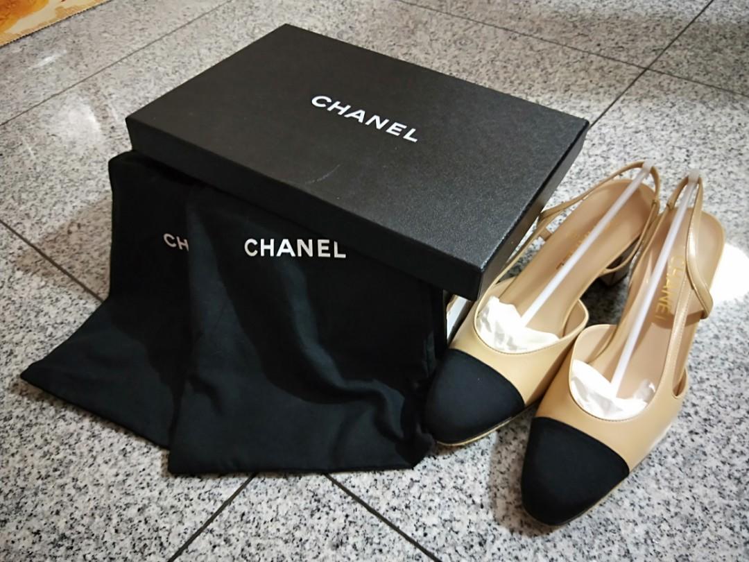 chanel tan and black heels