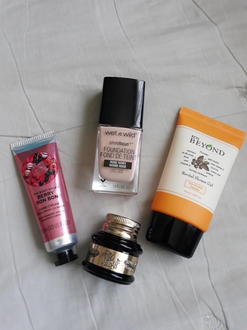 Eco Beyond Shower Gel (Category: Bath) located in Manila. Submitted by shansclosetph28 (Listing ID 221637126, Image 1). Description: Get these 4 for only P999.00 BRAND NEW ✔ *The Body Shop Hand Cream *The Ink Eye Liner *Wet n Wild Foundation *Eco Beyond Body Wash.