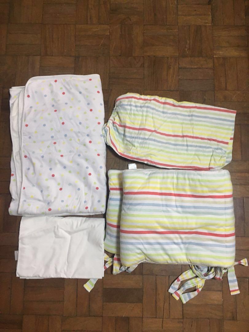 Mothercare crib beddings set (Category: Cots & Cribs) located in Quezon City. Submitted by mondstuff (Listing ID 216884326, Image 2). Description: -4pcs.(crib bumper, blanket, matte cover and sheet) -good condition *RFS-decluttering *please PM me for more details and meet-up. thank you!.