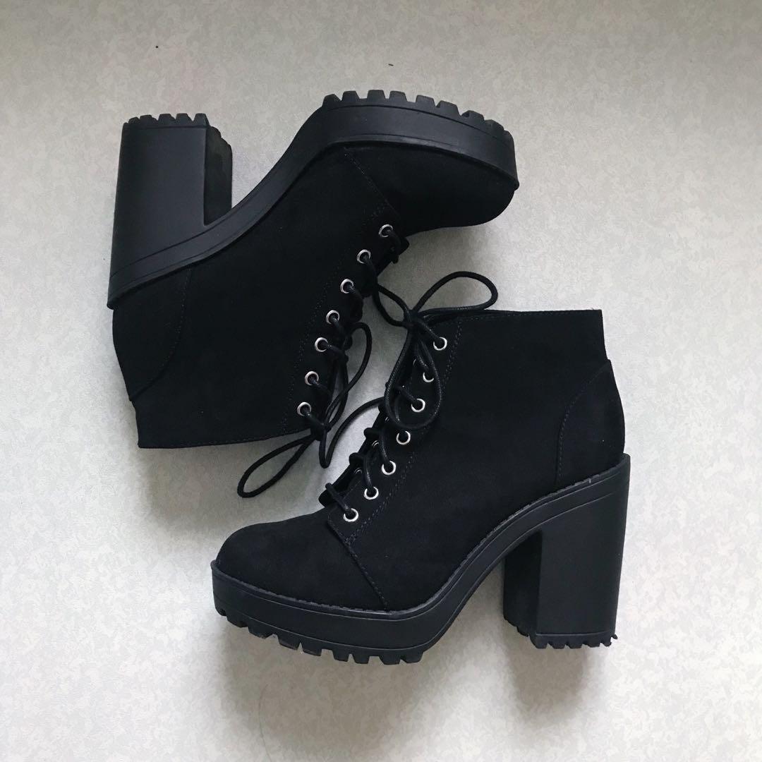 H\u0026M Black Canvas Heels Boots, Women's 