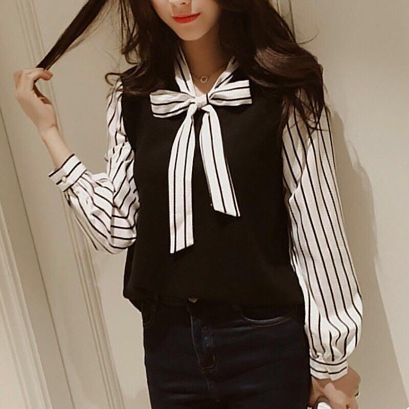 Korean Style Free Style Ribbon Bow Black Blouse Women S Fashion