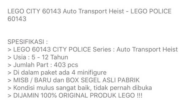 Lego City 60143 Auto Transport Heist Lego City Police 60143 Toys Collectibles Mainan Di Carousell