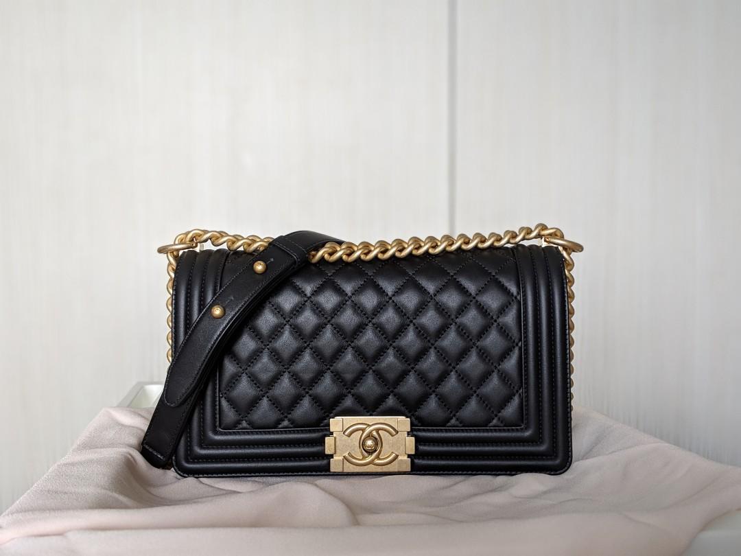 Boy chanel flap bag with handle, Grained shiny calfskin & gold-tone metal,  black — Fashion