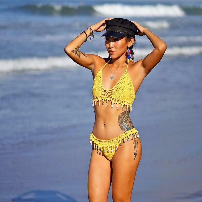 yellow crochet bathing suit