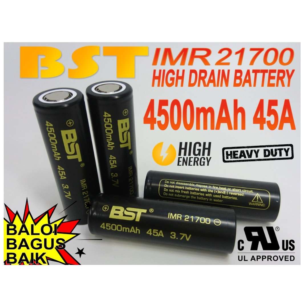 ORIGINAL BST 21700 3.7V 4500mAh 45A High Drain Rechargeable Vape Battery DIY - 