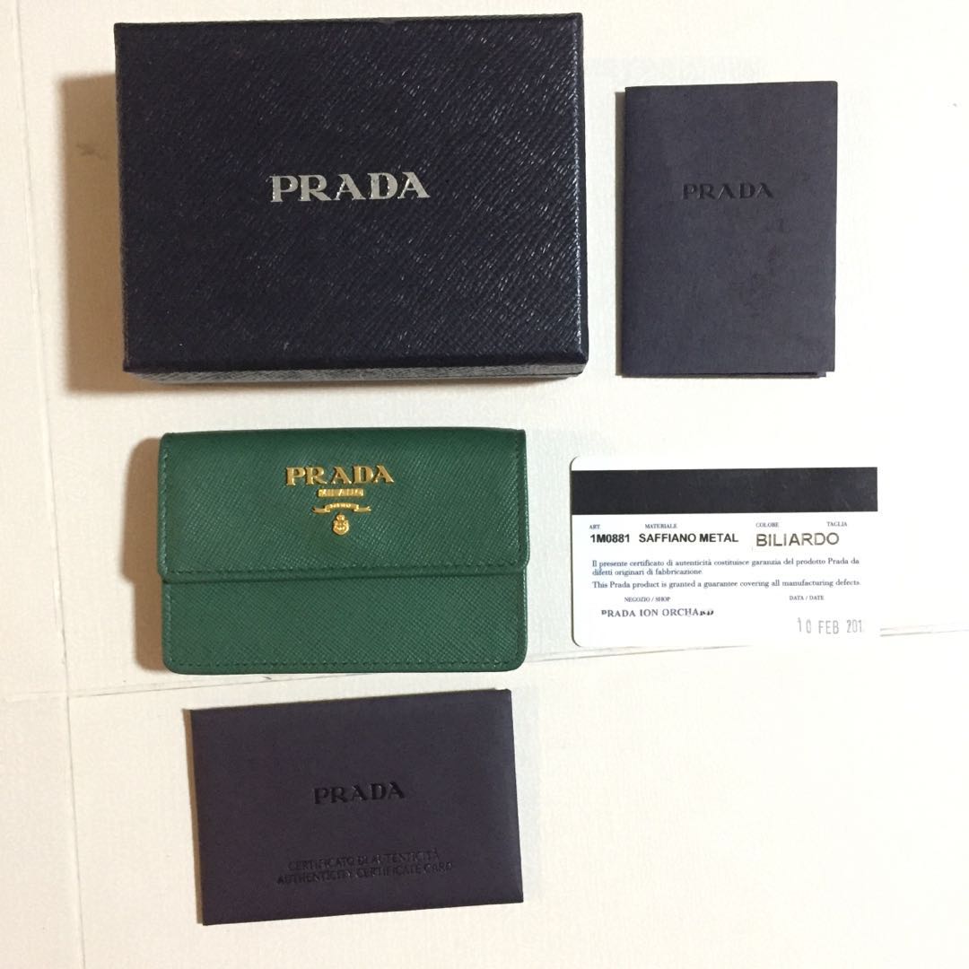 Authentic Prada Saffiano Metal Card Holder in Biliardo green 