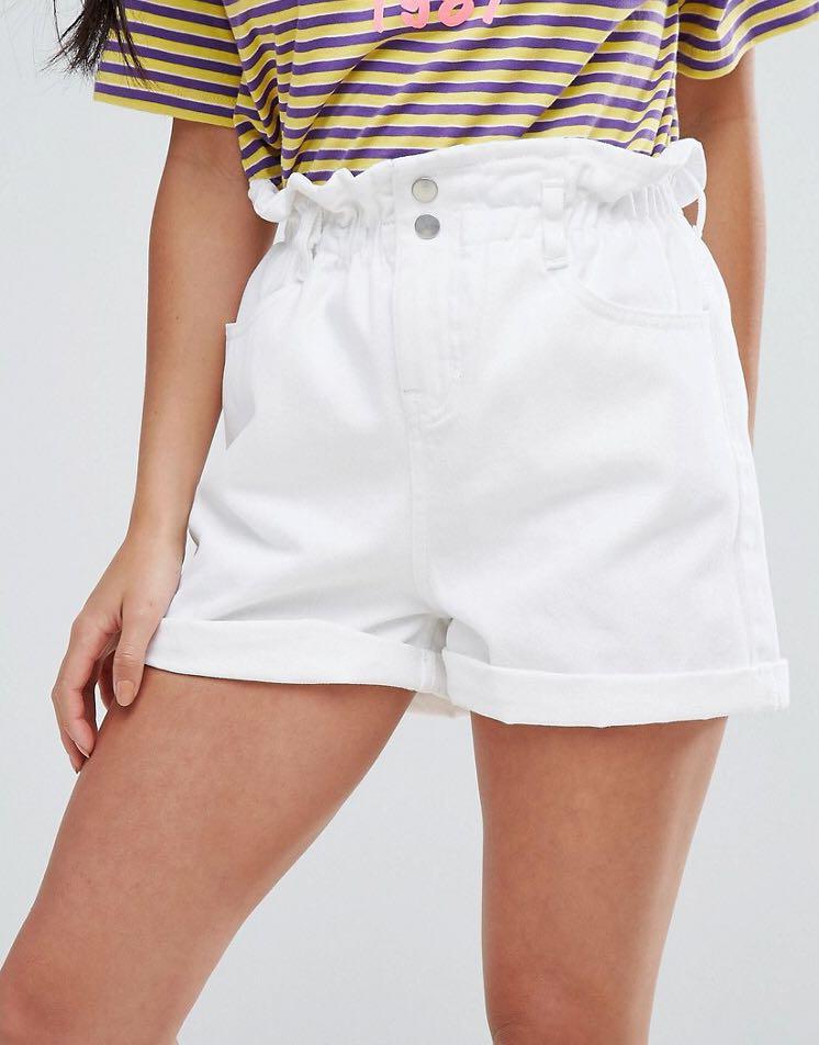 white denim paperbag shorts