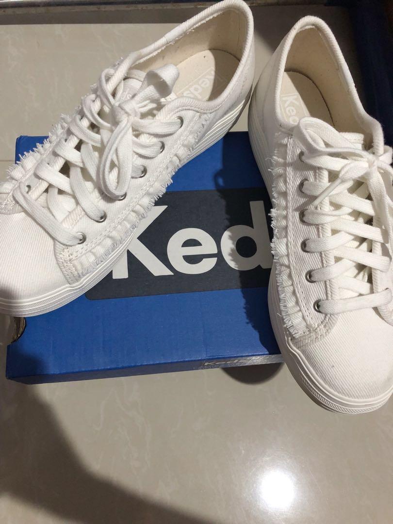 Keds Triple Kick Ruffle Denim White Fesyen Wanita Sepatu di