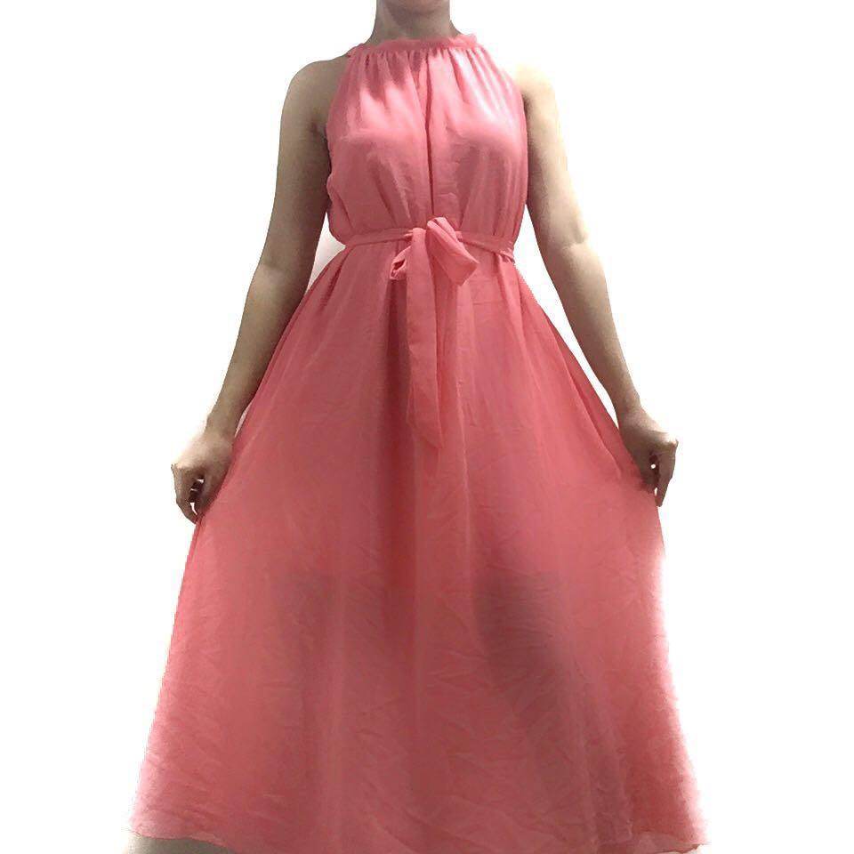 Full Length Chiffon Dresses with Bow Peach main image 0