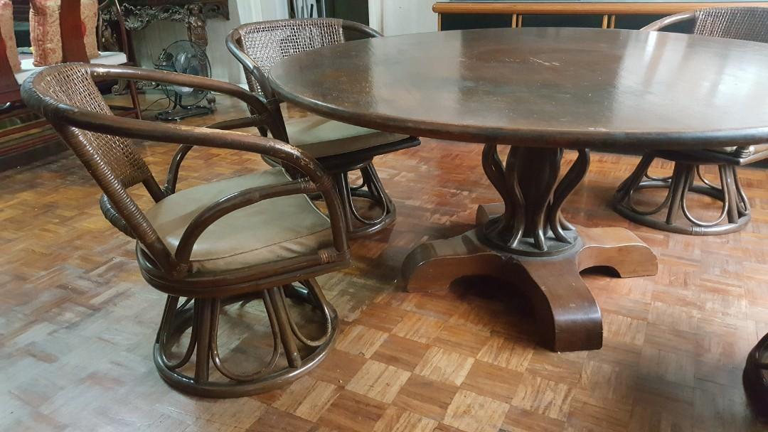 Dining Table /Chair Set (Category: Chairs) located in Mandaluyong City. Submitted by canonetql (Listing ID 222338705, Image 2). Description: Complete Dining Table/Chair Set. Good condition, sturdy, reliable set. All solihiya good (Repair of this alone costs P 3500/ chair) Comfortable seats (you may develop a habit to sleep on them! Haha) . Nice, big table. 60- inches in diameter. Set includes round table, stand, and five chairs. No reserve, first