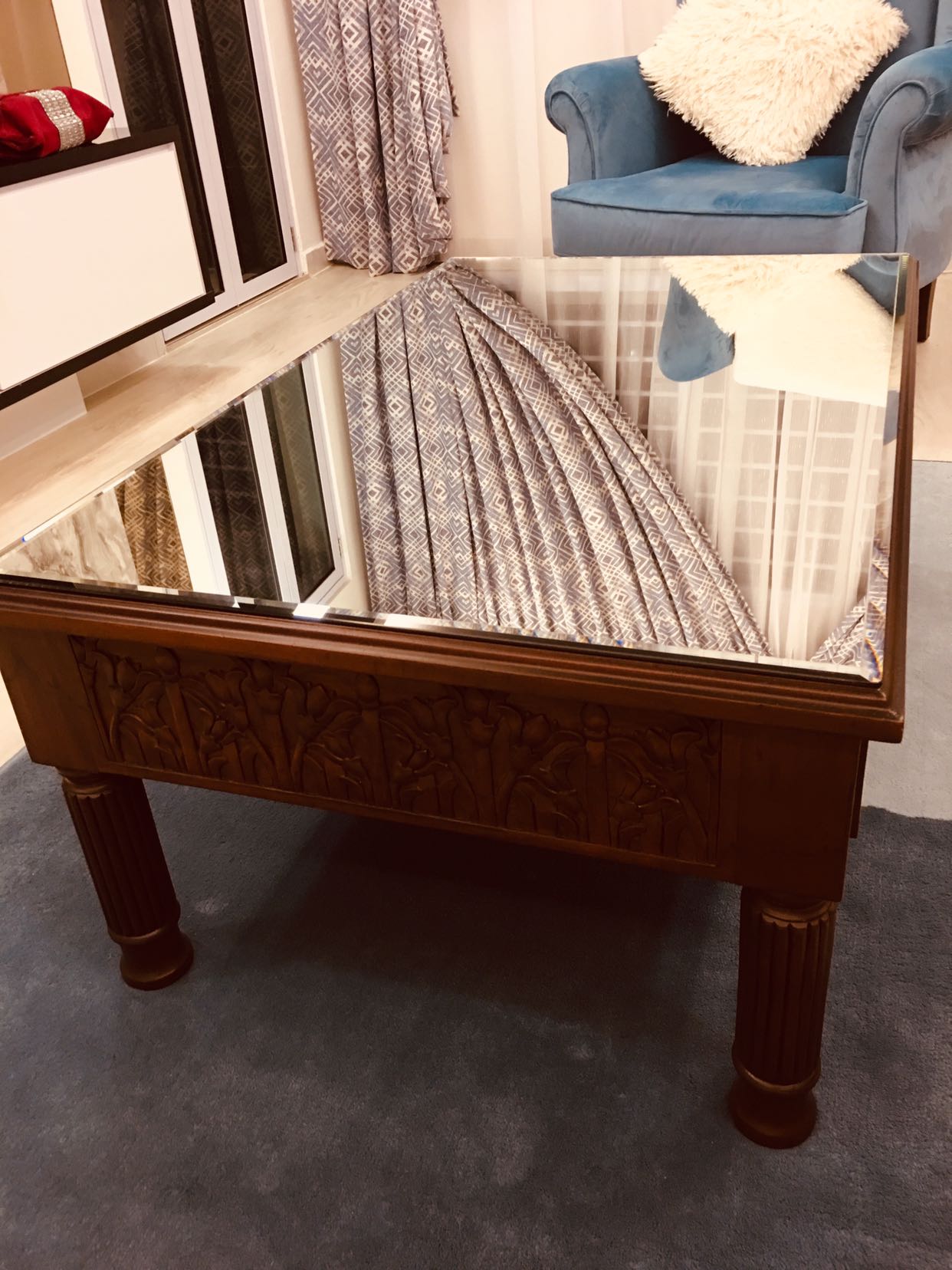 Mirror Top Coffee Table With Drawer Solid Mahogany