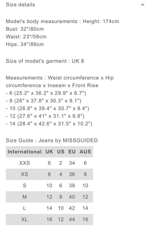 Missguided Size Chart