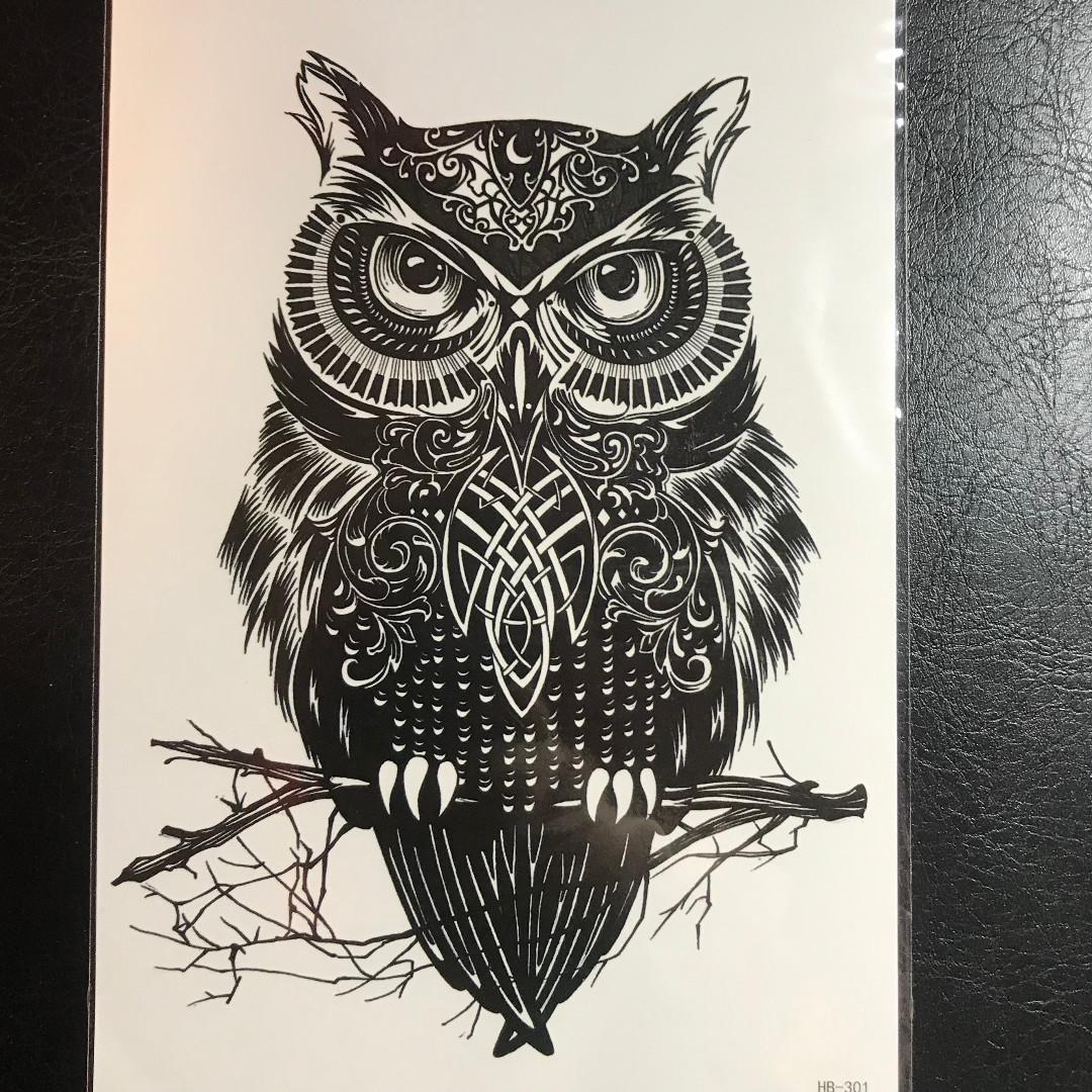 Traditional Owl On Branch Black Half Sleeve Temporary Tattoo Sticker Health Beauty Makeup On Carousell