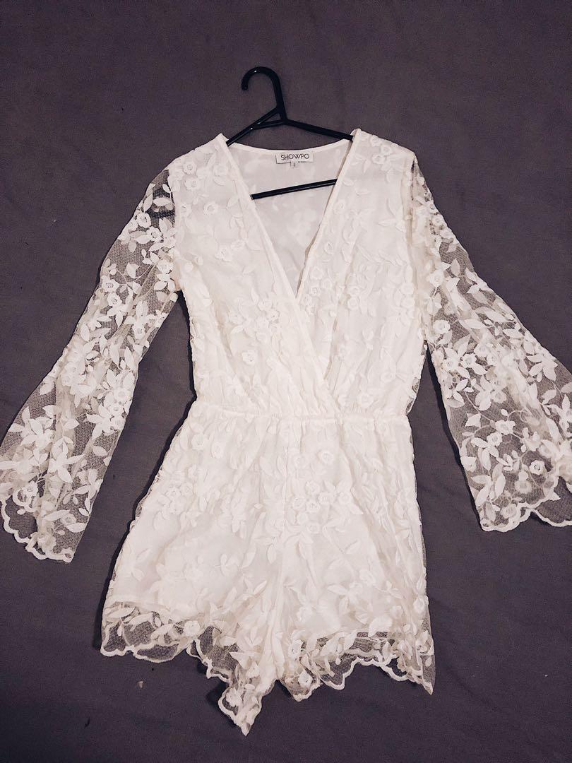 white lace long sleeve playsuit