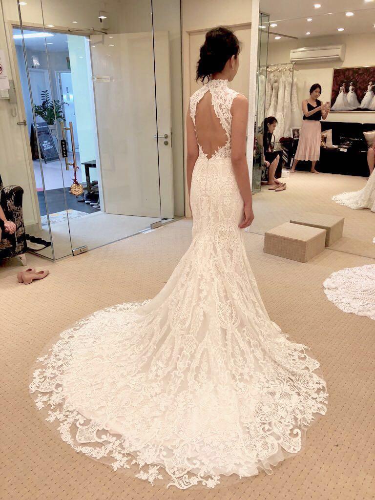 Corded lace Chinese collar mermaid wedding dress