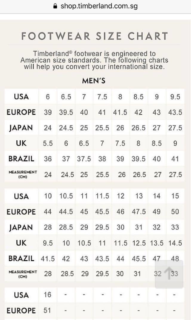 timberland size chart in cm