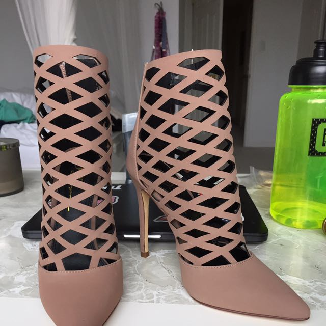 brown faux suede pointed toe caged bootie heels Women s Fashion Shoes on Carousell