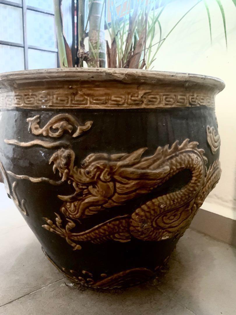 Antique Chinese Clay Sculpted Dragon Pot Planter, Gardening, Pots