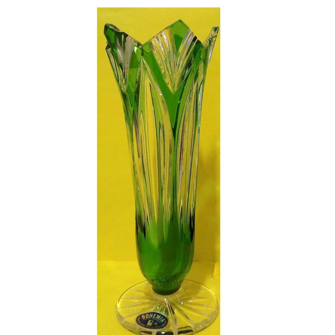 Emerald Green Bohemian Hand Cut Crystal Vase Vintage